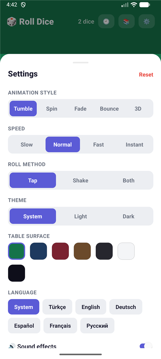 Settings: animation, theme, language